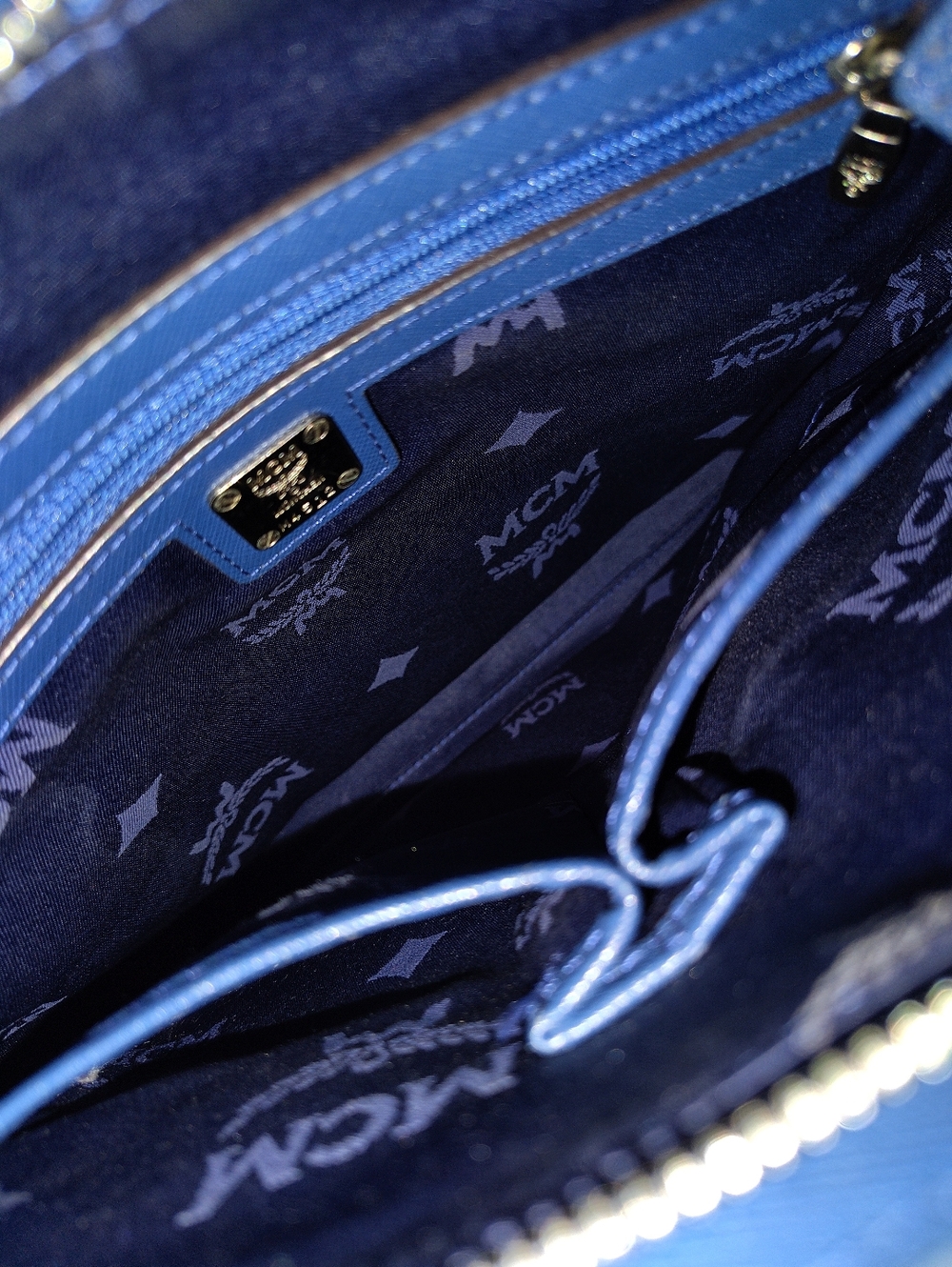 MCM Crossbody Messenger Bag - Blue Leather & Brown Strap - Picture 13 of 14